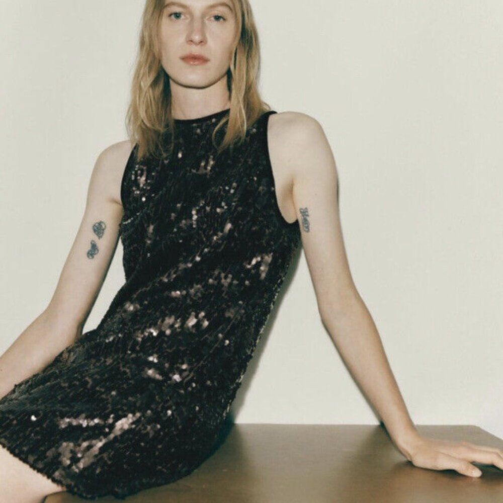 Zara Limited Edition Sequin Mini Dress Size M Brown Sleeveless Cocktail Party